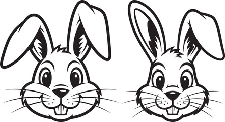 Fototapeta premium Two cartoon rabbit faces with long ears black and white line art illustration character whiskers monochrome childhood wildlife creature friendly celebration