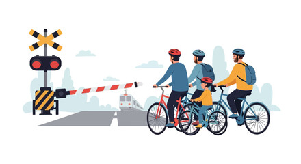 Fototapeta premium Group of cyclists waiting at a closed railroad crossing barrier. EPS Editable. Vector Illustrations.
