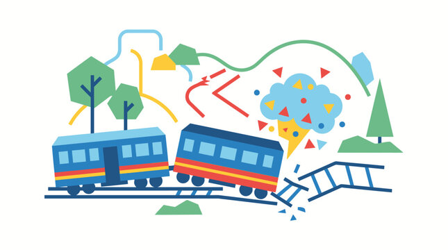 Flat vector illustration of a train derailment accident with broken tracks. EPS Editable. Vector Illustrations.
