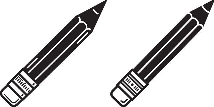 Two black and white outline pencils with erasers writing utensil education supplies stationery drafting creativity handicraft graphite isolated illustration silhouette sharpened equipment