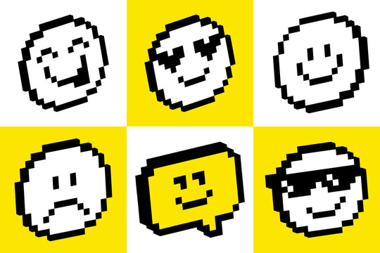 Pixel emoji icon grid in retro 8-bit style with expressive faces on on bold yellow blocks pattern. Modern UI background for apps, social media, messaging, digital interfaces