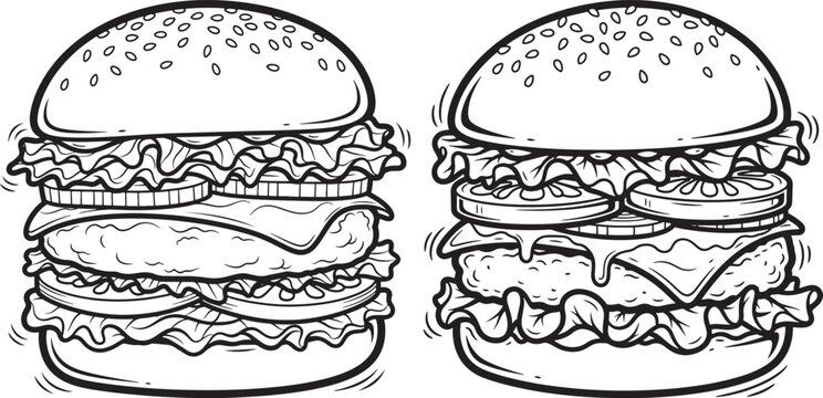 Two large juicy hamburgers with multiple layers fast food black and white junk food hand drawn hamburger sandwich appetite appetizing delicious illustration monochrome restaurant takeaway