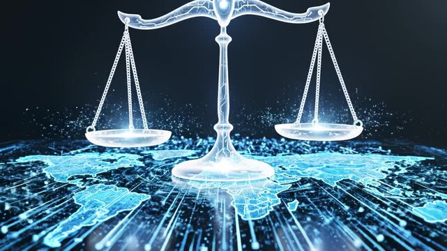 Balance scale over digital world map symbolizing digital transformation and future innovation