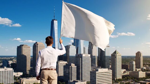 Businessman holding blank white flag over city skyline, success and leadership concept, achievement and corporate vision, urban business district background