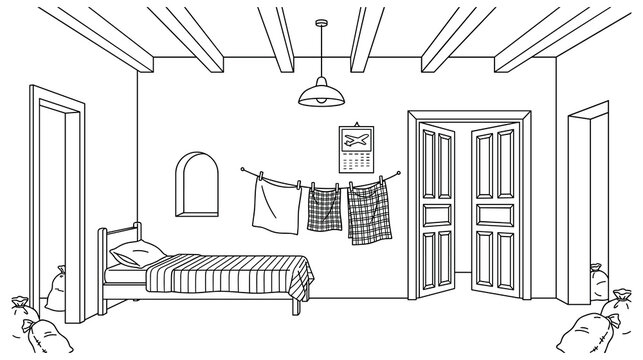 Line art of cozy rustic bedroom interior with single bed wooden ceiling and decor elements.
