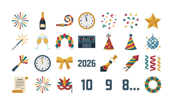 New Year's Eve celebration icons and symbols for a festive countdown