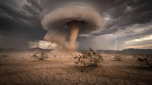 A massive desert tornado with a mushroom-shaped cloud twists upward amid a cracked landscape, with lightning striking in the stormy, dark sky.