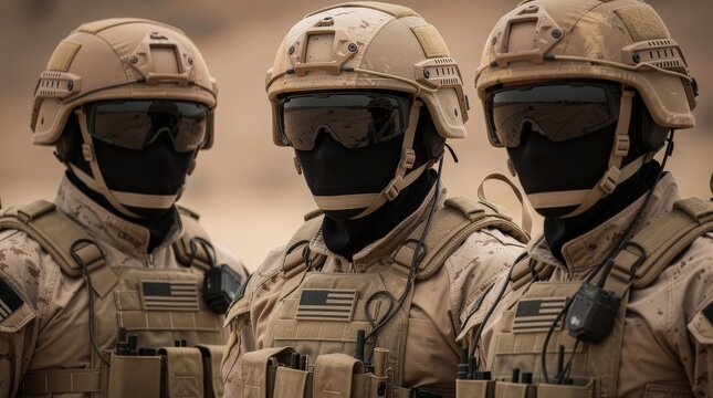 Three soldiers in tactical desert camouflage gear and helmets stand close together, wearing black visors and communicating via radios.