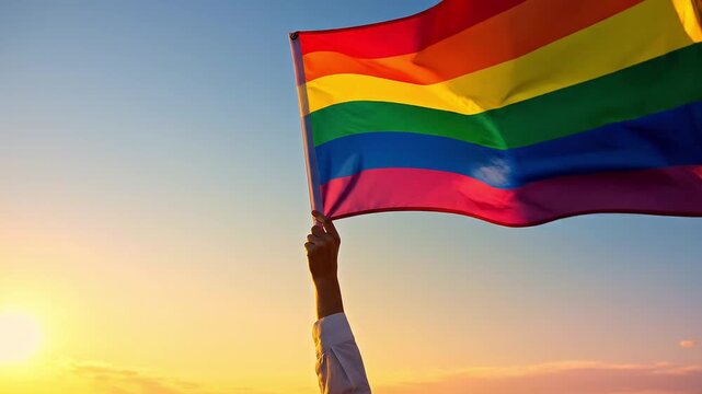 Hand holding waving rainbow pride flag against golden hour sunset sky, lgbtq+ rights and equality celebration