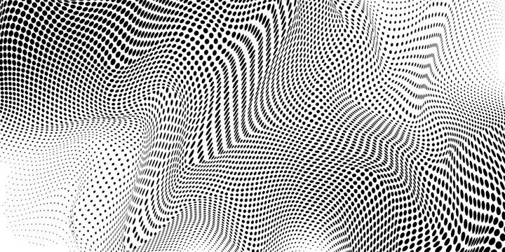 Abstract halftone background. Monochrome grunge pattern of dots. The waves are smooth and chaotic. Pop art texture for business cards, posters, labels, business cards