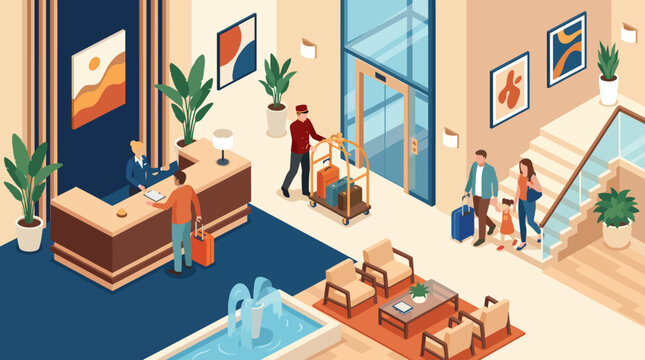 A luxury hotel lobby features a welcoming reception desk and a bellboy assisting guests with luggage, displaying elegance and comfort in a serene environment.