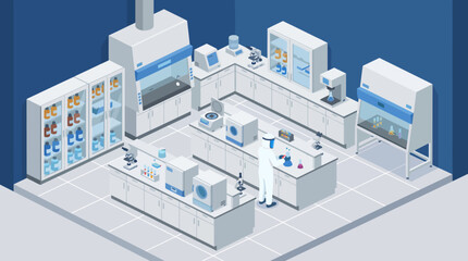 Fototapeta premium A contemporary lab setting illustrated in isometric style, featuring various scientific equipment, a researcher in a lab coat, and a workspace for chemical analysis and experimentation.