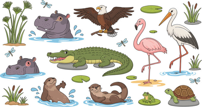 Hand-drawn Swamp and River Animals with Hippos, Crocodiles, Flamingos, Otters, Turtles, and Birds for Wetland and Nature Illustrations