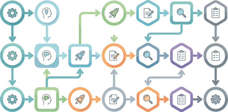 Business Workflow Grid Illustration with Connected Process Steps Automation Analytics Strategy and Data Integration Icons for Web Application UI Design
