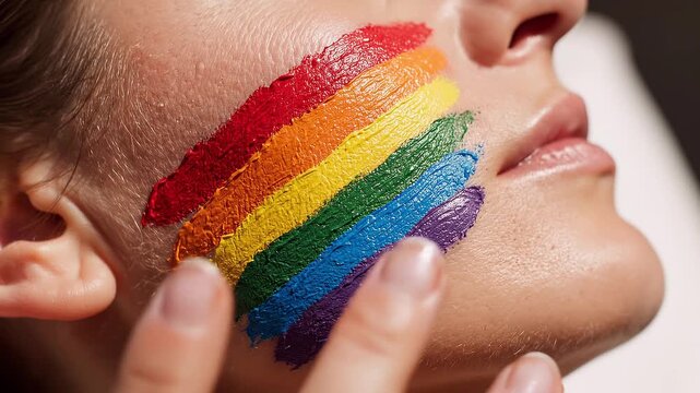 Close-up of person applying rainbow pride flag face paint for lgbtq+ equality and diversity celebration