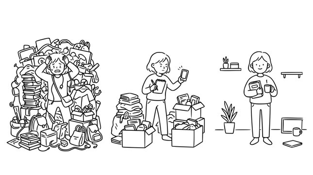Organizing clutter into a manageable space with cute characters.