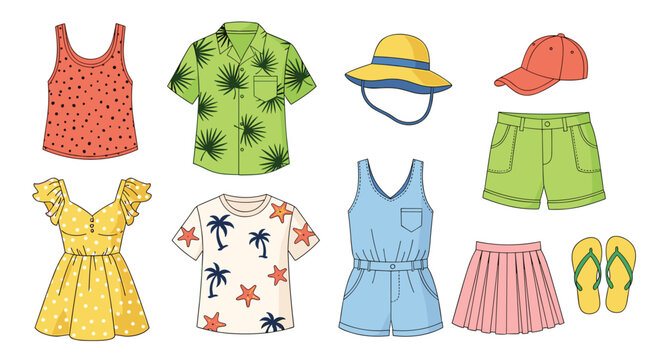 Summer Clothing Icon Set with Tropical Shirts, Dresses, Shorts, Hats, and Flip Flops for Beach, Vacation, and Seasonal Fashion Designs