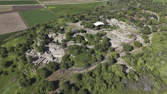 Aerial Drone View of Ancient Troy Archaeological Site in Canakkale Turkey UNESCO World Heritage Site