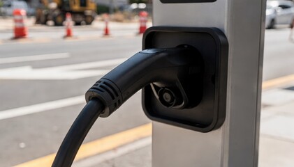 Fototapeta premium Focused capture of a curbside charging station with clear charging port and cable while construction equipment and lane markings remain out of focus.