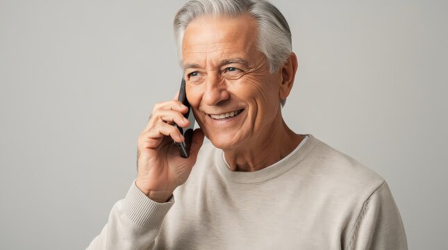 An elderly man with gray hair smiling while talking on a smartphone against a plain background.