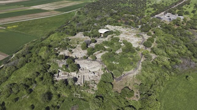 Aerial Drone View of Ancient Troy Archaeological Site in Canakkale Turkey UNESCO World Heritage Site