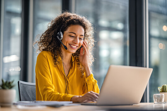 Mixed - race woman customer support agent in mustard yellow blouse, curly hair, smiling while adjusting headset and typing on laptop in bright office