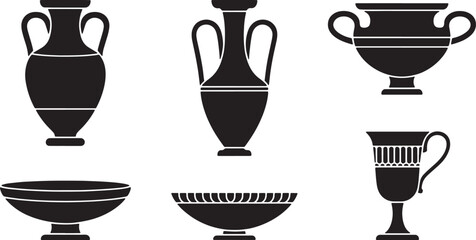 Collection of ancient Greek pottery vases and bowls, black silhouette icons. Vector illustration © MstSahida