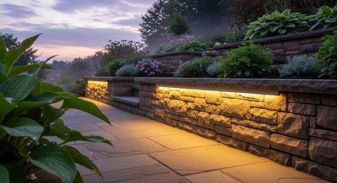 Stone pathway illuminated with integrated lighting along a landscaped retaining wall at dusk