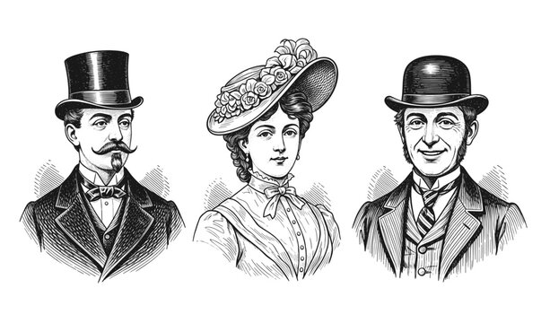 Victorian era trio portraits with top hats and bonnet in vintage sketch. Hand drawn vintage engraved, vector illustration.