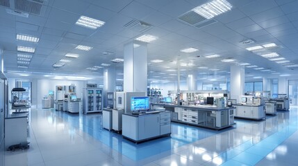 Obraz premium Expansive modern facility housing advanced scientific equipment and workstations is brightly illuminated