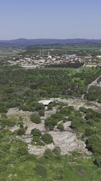Aerial Drone View of Ancient Troy Archaeological Site in Canakkale Turkey UNESCO World Heritage Site