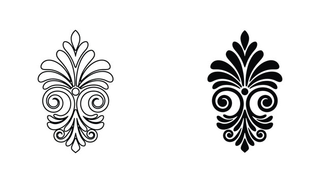Decorative damask scroll ornament with intricate details in outline and solid black styles