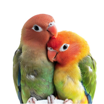 Two colorful parrots with orange and green feathers, sitting close together on a white background.