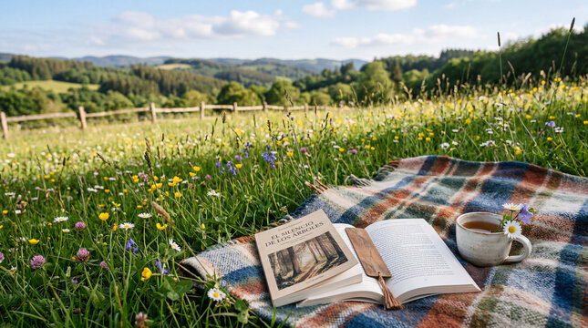 Peaceful spring picnic with a book and tea on a plaid blanket in a wildflower meadow with panoramic hills. Springtime concept.
