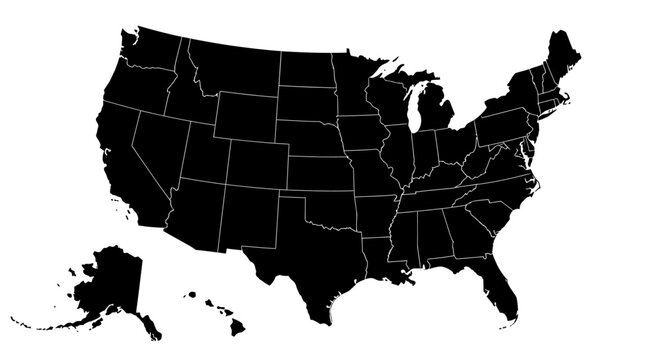 Black silhouette map of the United States with individual state outlines, depicting the geographical boundaries of the contiguous US, Alaska, and Hawaii on a white background
