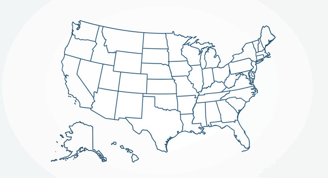 Minimalist vector outline map of the United States of America with distinct state borders, ideal for geographic presentations, educational content, and digital design