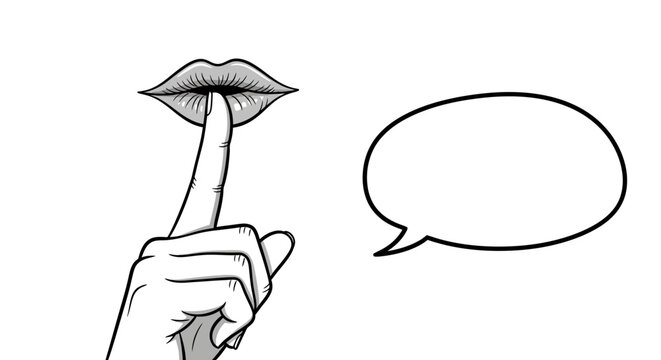 Graphic illustration of a hand performing a shush gesture with a finger on lips, accompanied by an empty speech bubble, representing silence, secrets, and unspoken messages