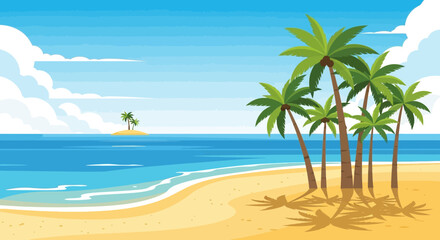 Fototapeta premium Tropical beach with palm trees and a distant island.