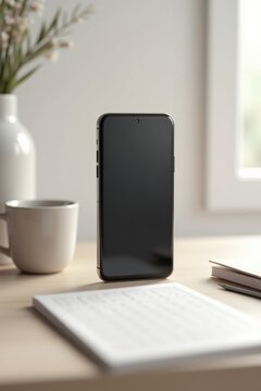 Escena del escritorio de un creador de contenido, tel&eacute;fono inteligente vertical con pantalla en blanco, mucho espacio negativo, estilo editorial neutro