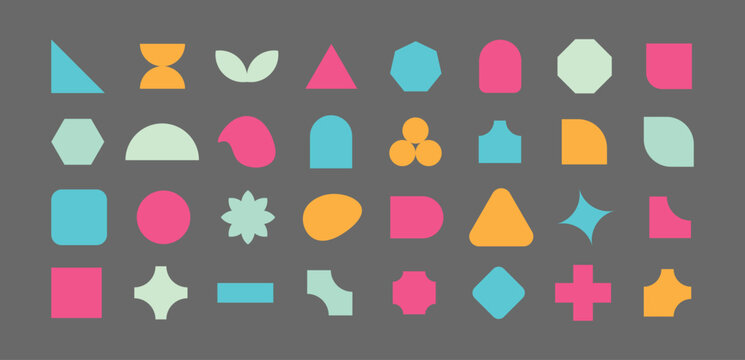 Abstract and basic shapes set.  geometric flower shape, star figure vector icon kit, funky retro brutal minimal vector collection.polygonal elements with sharp and rounded edges.