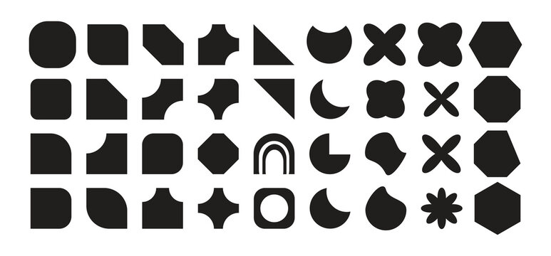 Abstract and basic shapes set.  geometric flower shape, star figure vector icon kit, funky retro brutal minimal vector collection.polygonal elements with sharp and rounded edges.