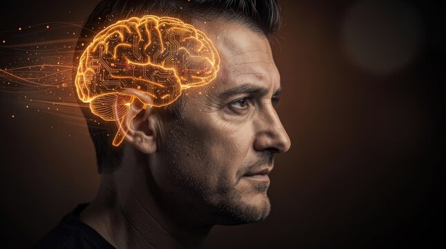 A man in profile with a glowing digital brain overlay, representing neural networks, cognition, and advanced brain technology.