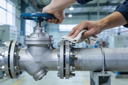 Worker's hands cleaning industrial pipe valve and flange with a cloth in a factory setting