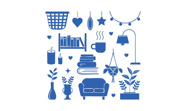 Cozy home elements icon bundle in minimal flat vector illustration.