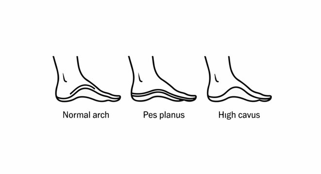 Three foot arch types normal, flatfoot, and high arch