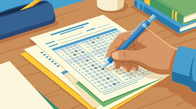 A focused student is answering questions on an examination sheet with a pen, showcasing the importance of education and the testing process in an academic setting.