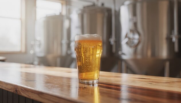 Daytime taproom shot showcasing a clean bar with fresh poured pints in focus brewery tanks gently blurred emphasizing the brewing process.