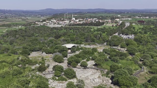 Aerial Drone View of Ancient Troy Archaeological Site in Canakkale Turkey UNESCO World Heritage Site