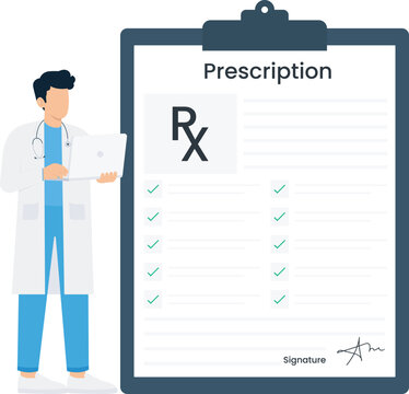 Medical doctor prescription form healthcare professional digital health electronic prescribing online consultation male physician clipboard document writing prescription modern medicine