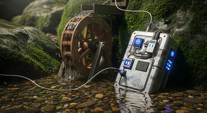 Innovative off-grid power generation harnessing natural hydro energy with a small water wheel connected to a portable generator for sustainable electricity